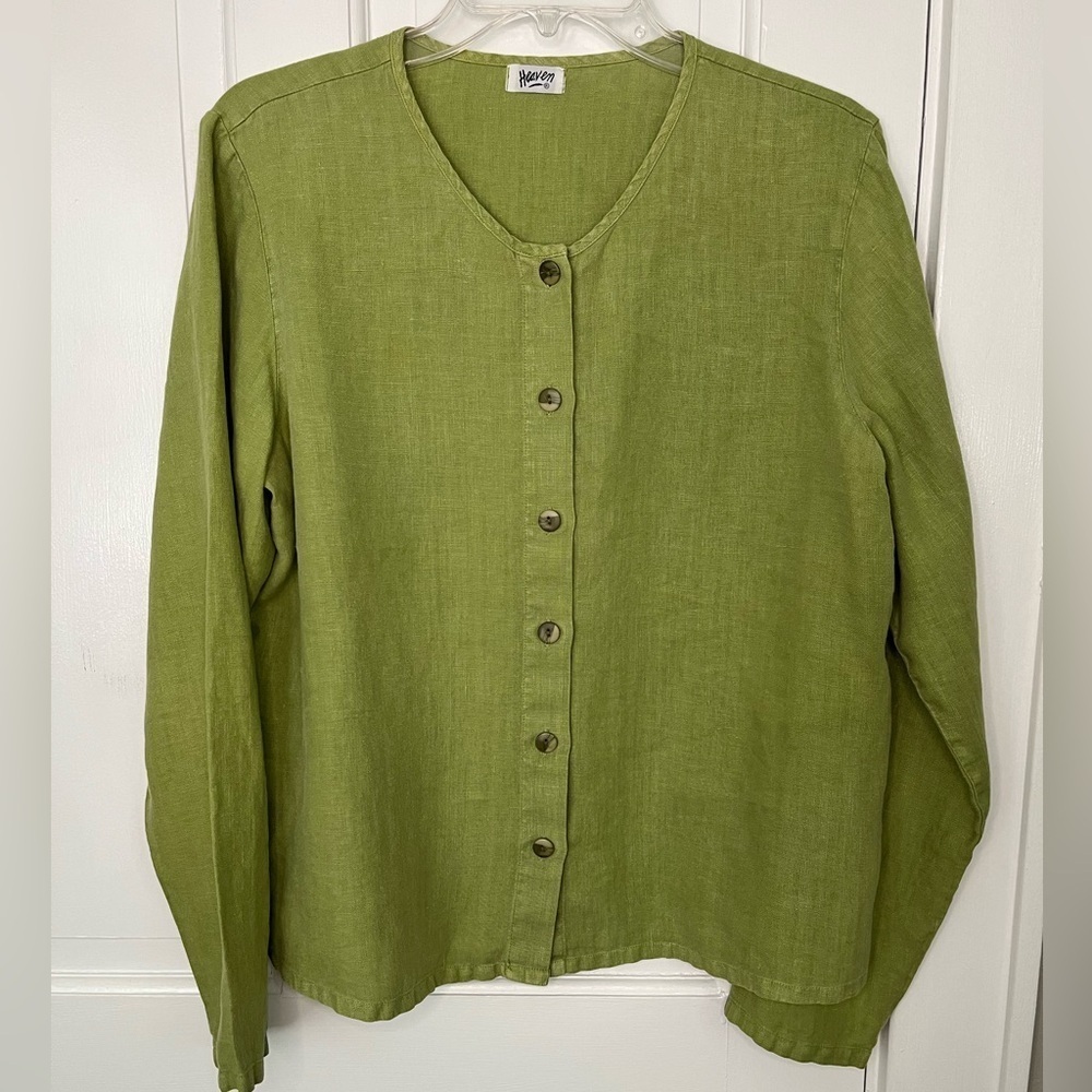 Heaven 100% Linen Womens Long Sleeve Button Front Top Shirt L Coastal Grandma